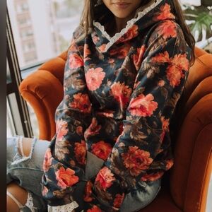 AMPERSAND AVE Unuversity Floral Hoodie - Black and Red